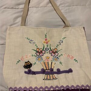 Vintage Linen Embroidered Floral Tote Bag - Cream and Deep Purple Owl Brooch.